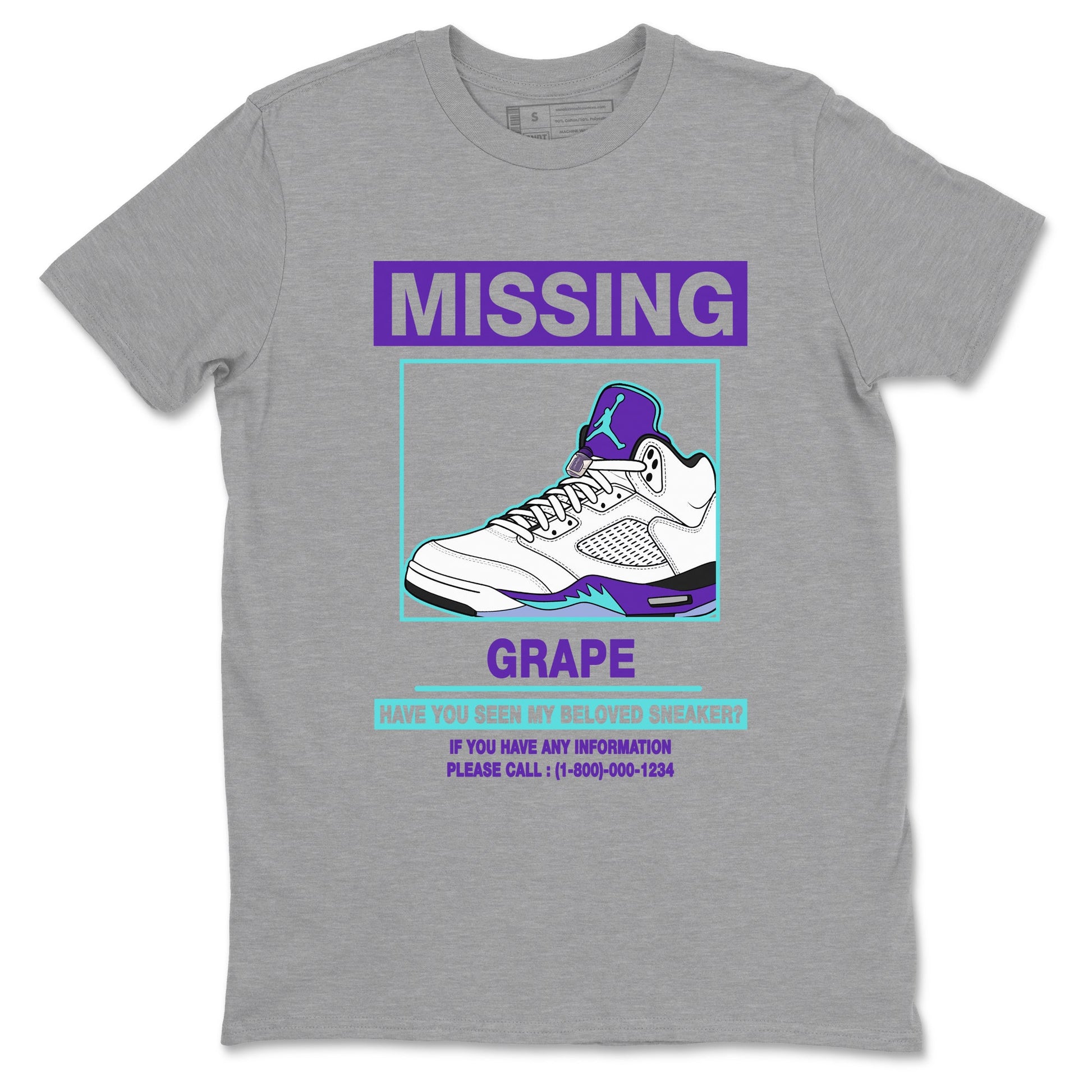 Missing Sneaker sneaker match t-shirt styled to complete your fit with the Air Jordan 5 Grape sneakers, shown in Heather Grey 2.