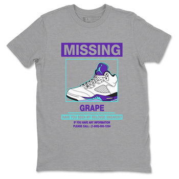 Missing Sneaker sneaker match t-shirt styled to complete your fit with the Air Jordan 5 Grape sneakers, shown in Heather Grey 2.