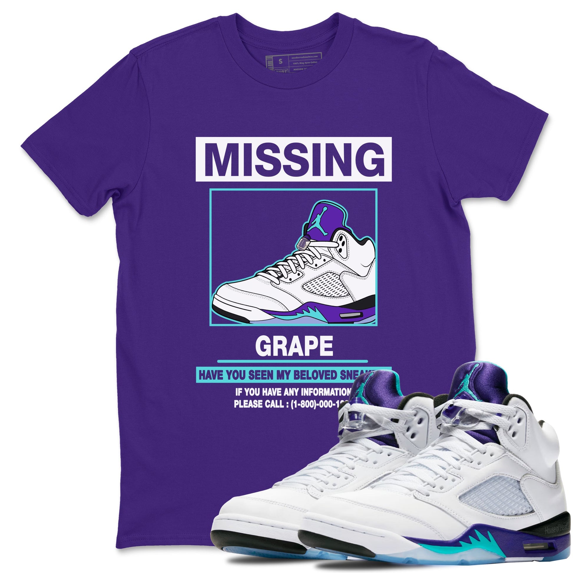 Missing Sneaker sneaker match t-shirt styled to complete your fit with the Air Jordan 5 Grape sneakers, shown in Purple 1.