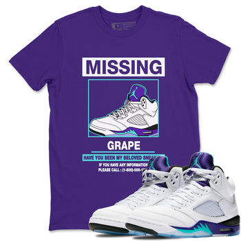 Missing Sneaker sneaker match t-shirt styled to complete your fit with the Air Jordan 5 Grape sneakers, shown in Purple 1.