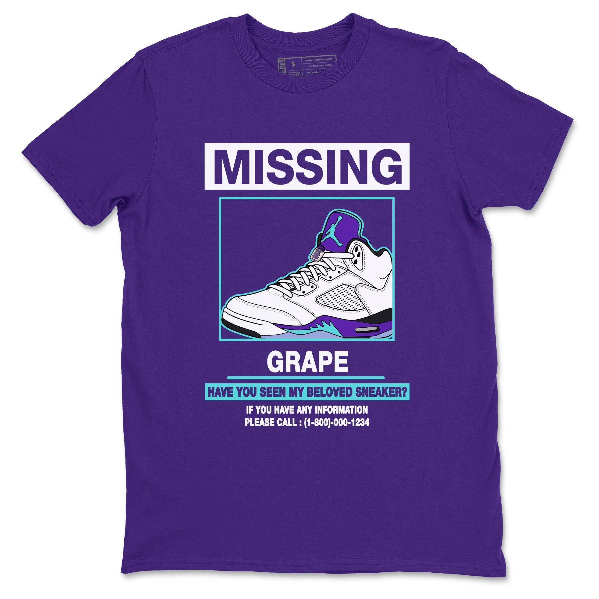 Missing Sneaker sneaker match t-shirt styled to complete your fit with the Air Jordan 5 Grape sneakers, shown in Purple 2.