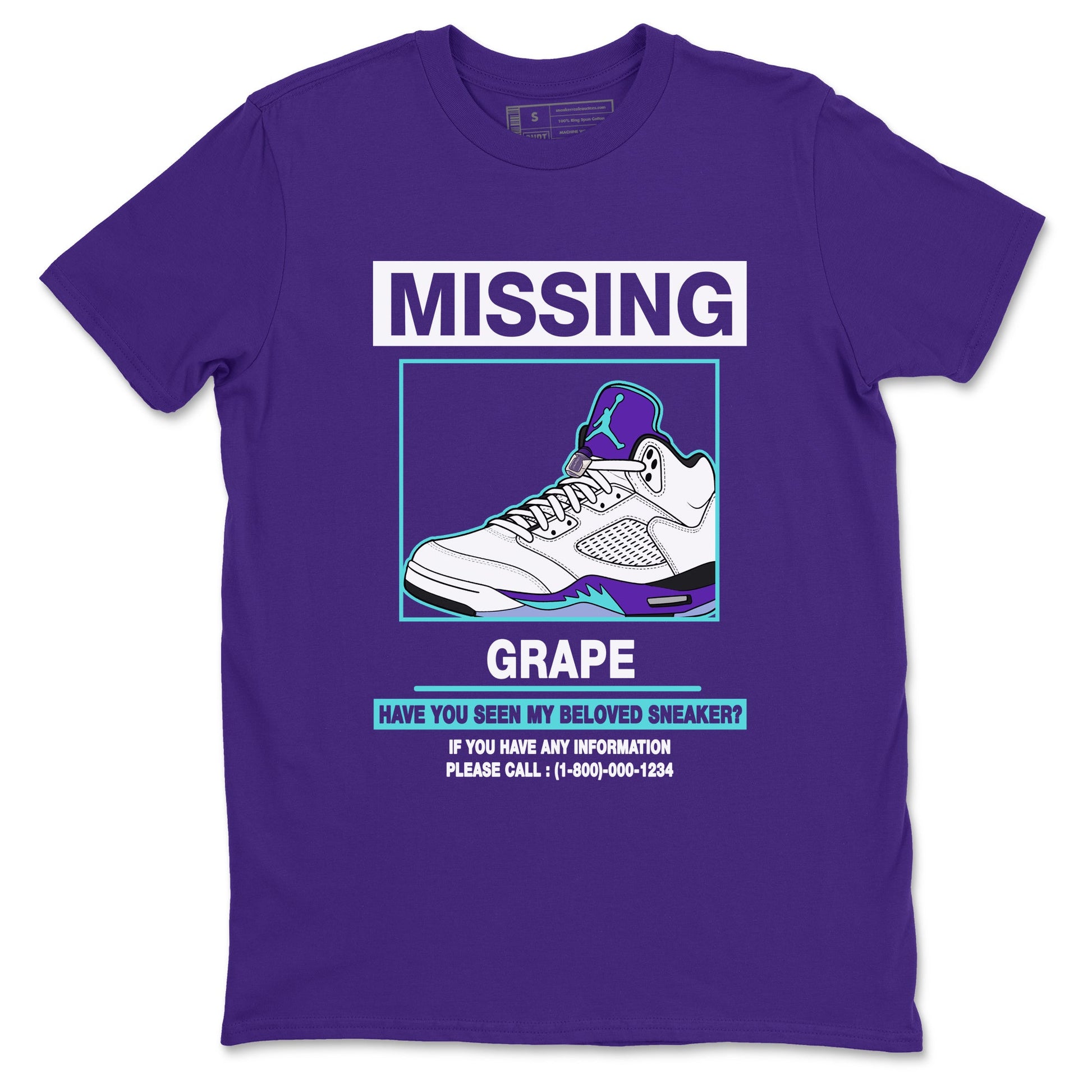 Missing Sneaker sneaker match t-shirt styled to complete your fit with the Air Jordan 5 Grape sneakers, shown in Purple 2.