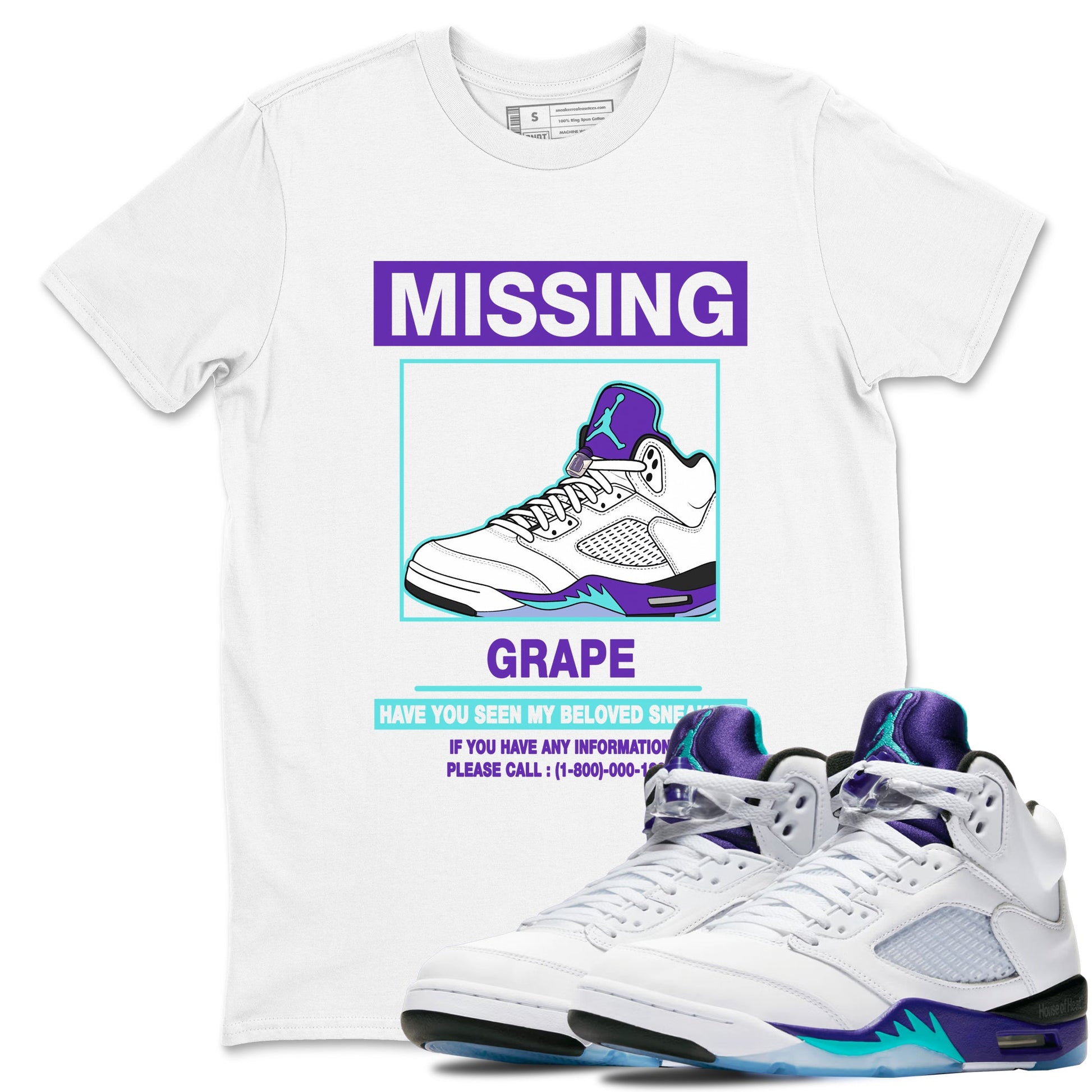 Missing Sneaker sneaker match t-shirt styled to complete your fit with the Air Jordan 5 Grape sneakers, shown in White 1.