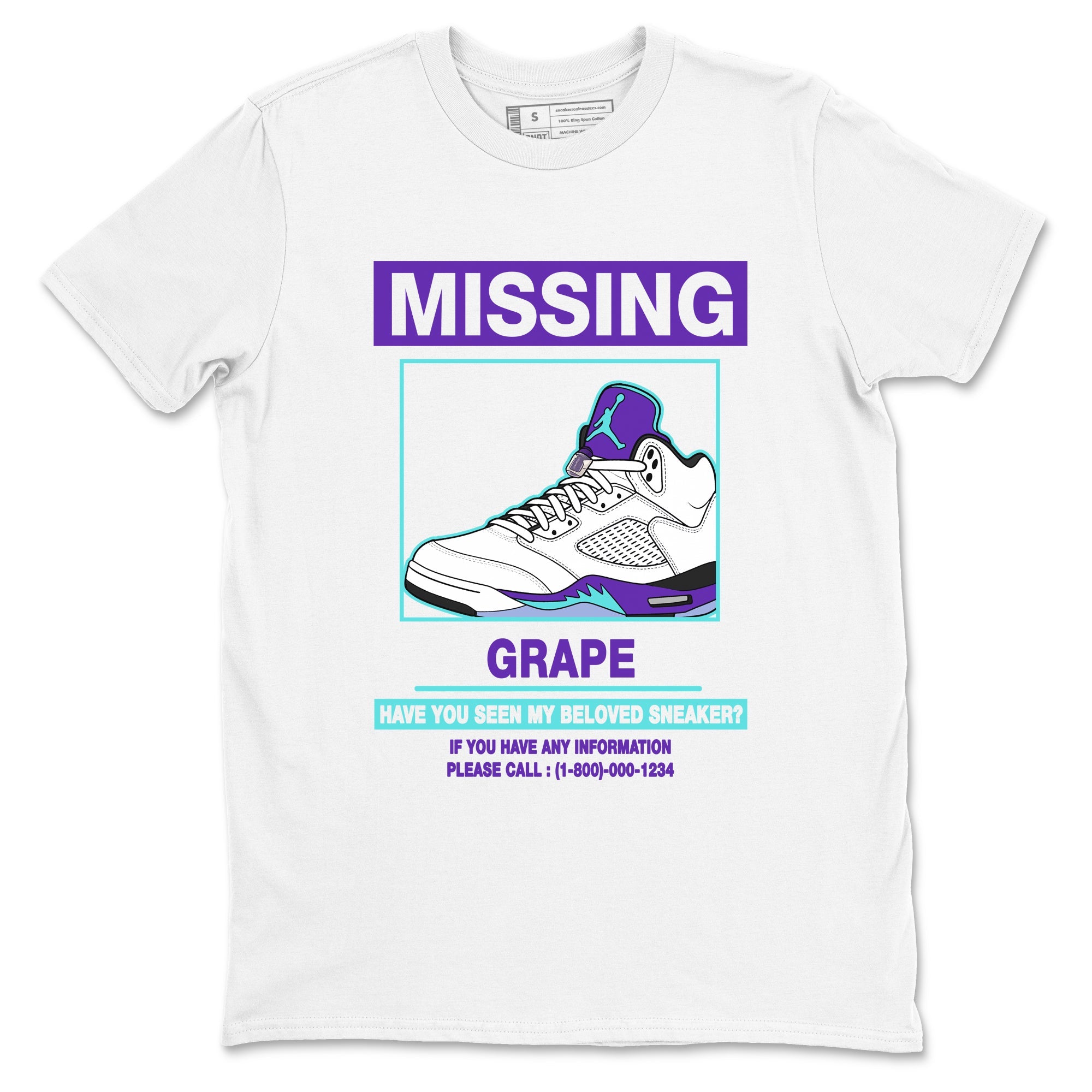 Missing Sneaker sneaker match t-shirt styled to complete your fit with the Air Jordan 5 Grape sneakers, shown in White 2.
