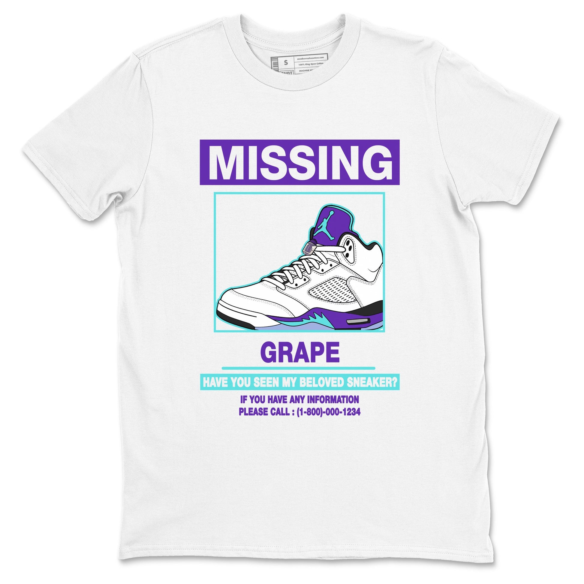 Missing Sneaker sneaker match t-shirt styled to complete your fit with the Air Jordan 5 Grape sneakers, shown in White 2.