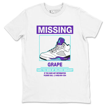 Missing Sneaker sneaker match t-shirt styled to complete your fit with the Air Jordan 5 Grape sneakers, shown in White 2.