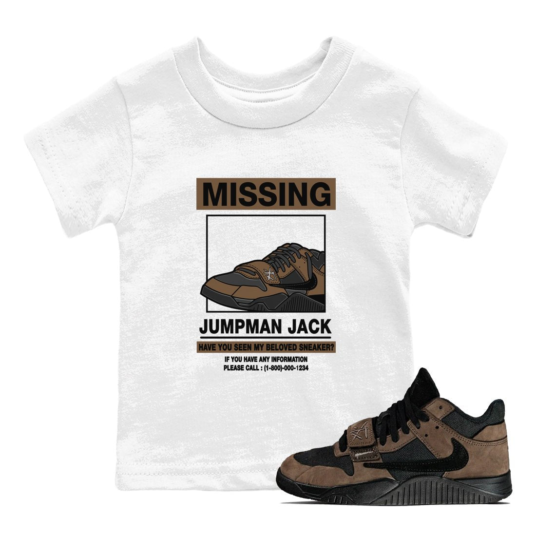Jordan Jumpman Jack TR Travis Scott Dark Mocha shirts to match jordans Missing Sneaker sneaker match tees Jordan Jumpman Jack Travis Scott Dark Mocha match shoes to clothes SNRT Sneaker Tees Youth Baby White 1 tee