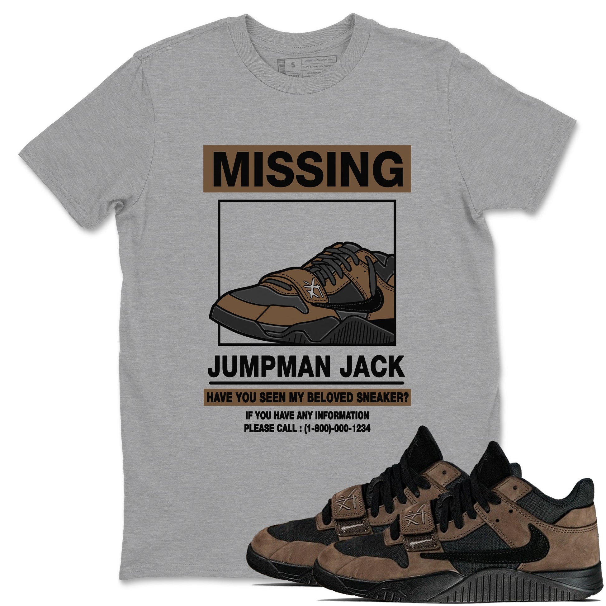 Jordan Jumpman Jack TR Travis Scott Dark Mocha shirts to match jordans Missing Sneaker sneaker match tees Jordan Jumpman Jack Travis Scott Dark Mocha match shoes to clothes SNRT Sneaker Tees unisex cotton Heather Grey 1 shirts