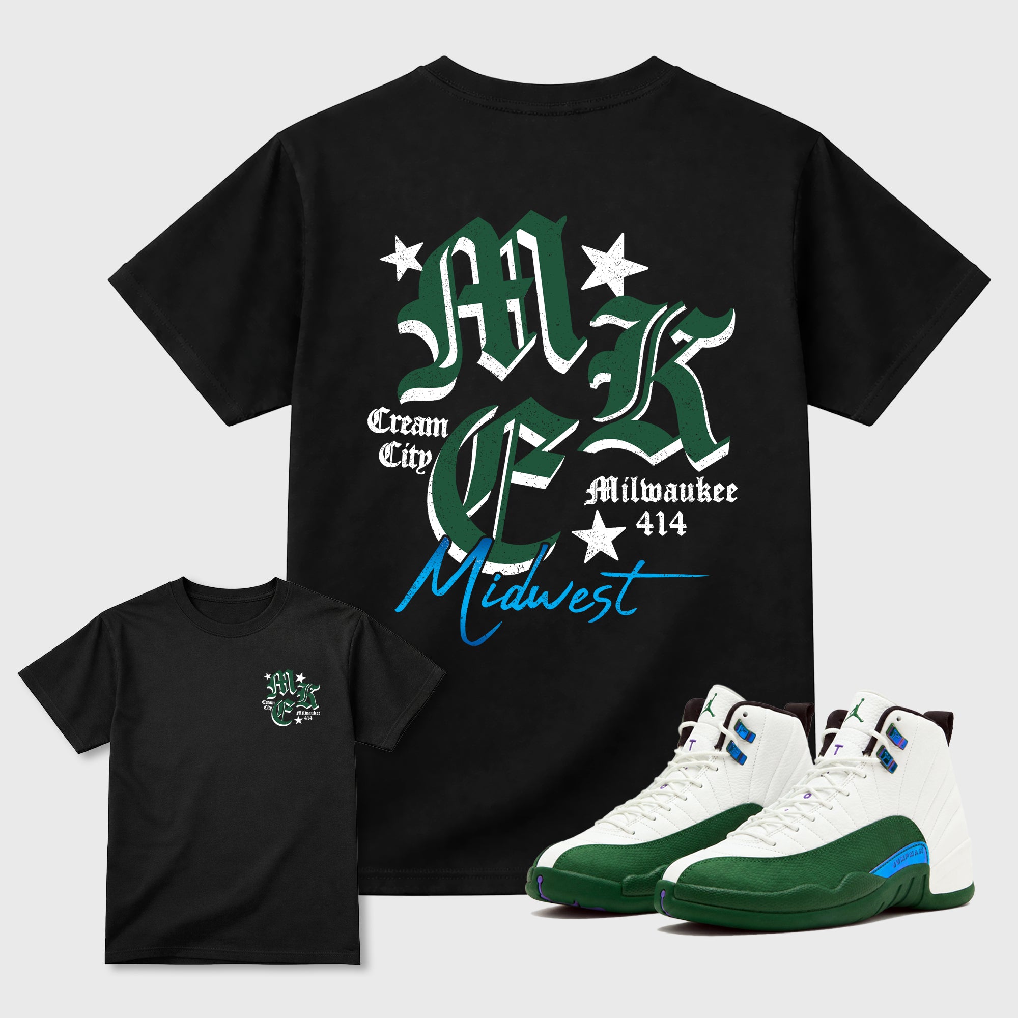 MKE 414 Graphic T-Shirt designed to match the Air Jordan 12 Summit White and Gorge Green sneakers, a sneaker matching shirt for a coordinated sneaker outfit.