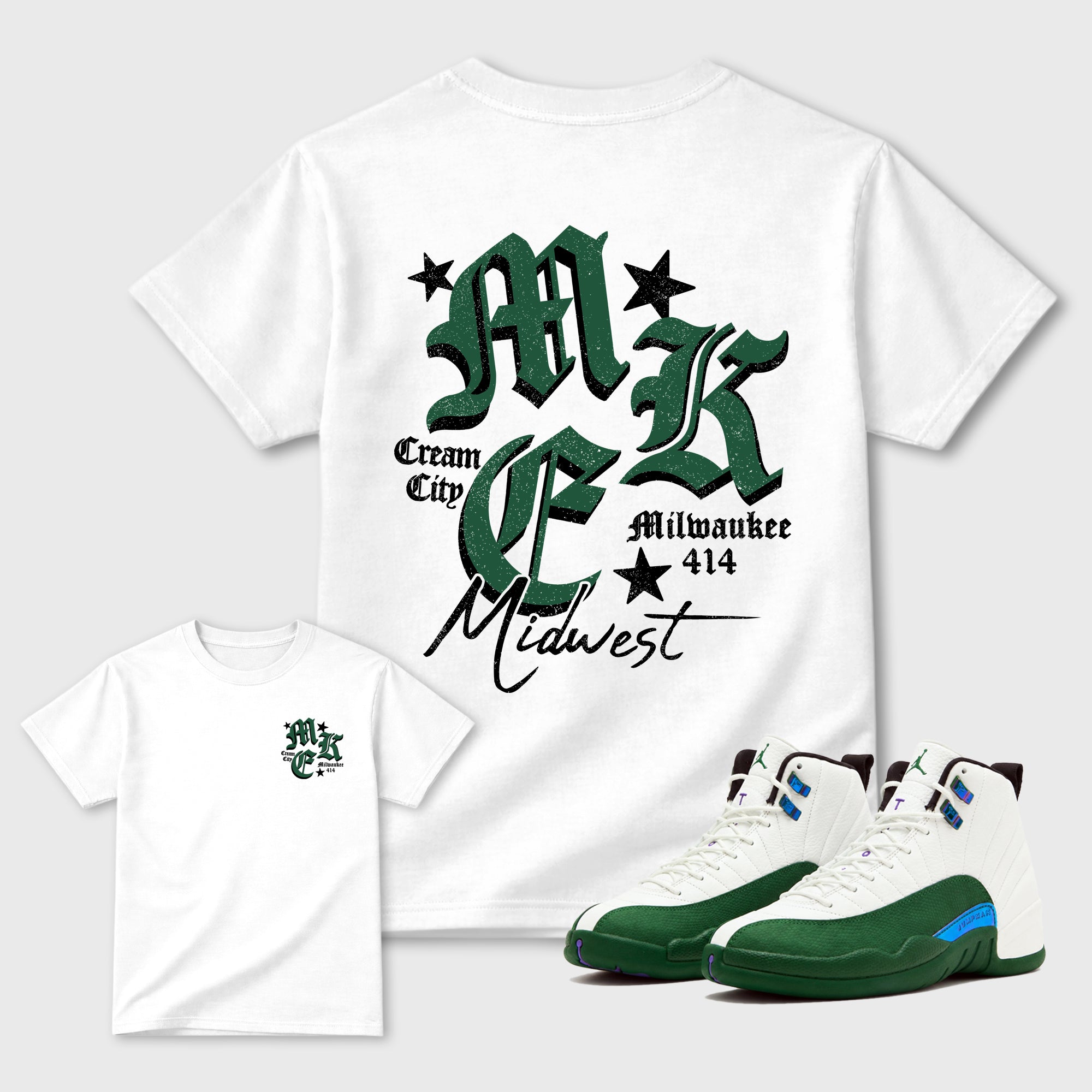 MKE 414 Graphic T-Shirt designed to match the Air Jordan 12 Summit White and Gorge Green sneakers, a sneaker matching shirt for a coordinated sneaker outfit.