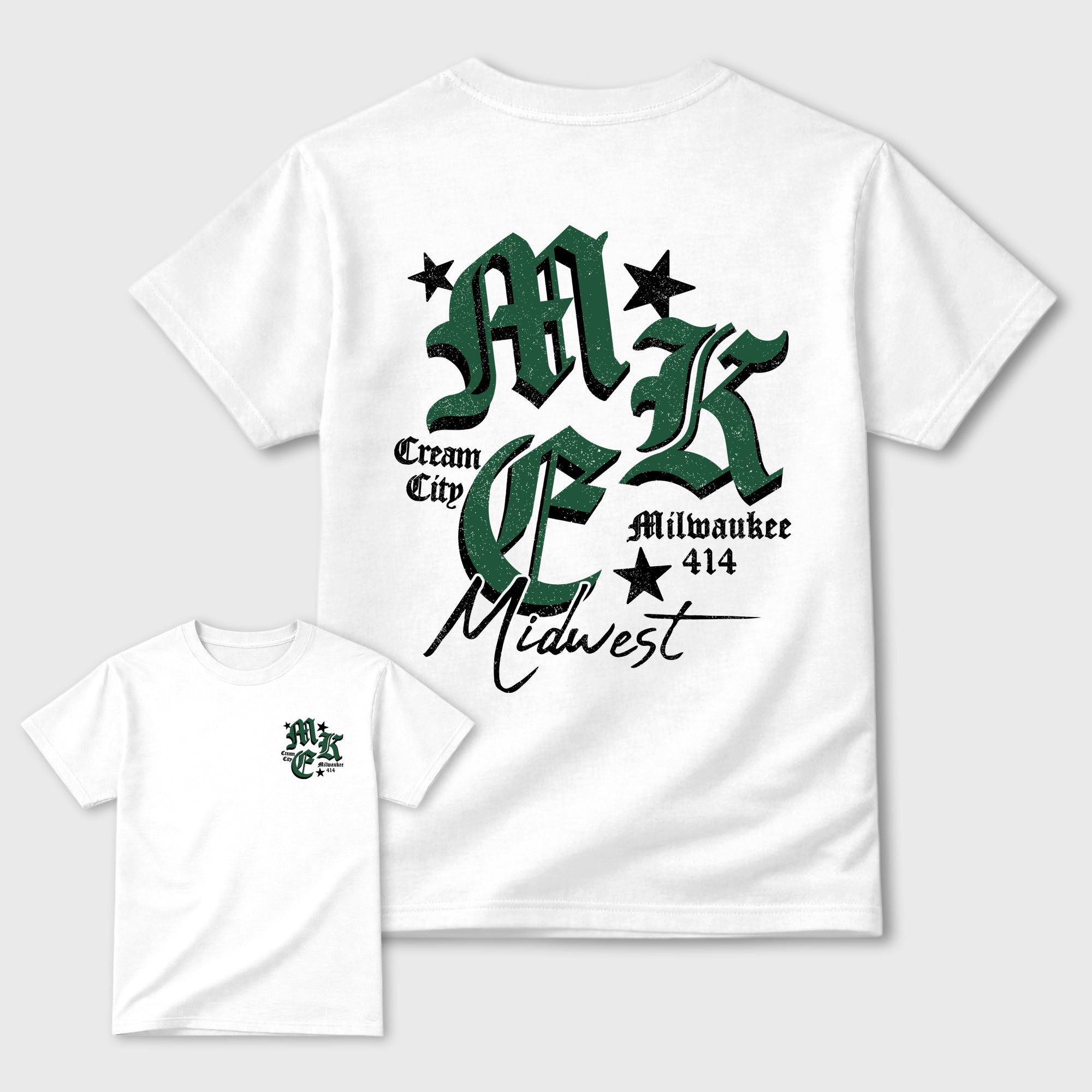 MKE 414 Graphic T-Shirt designed to match the Air Jordan 12 Summit White and Gorge Green sneakers, a sneaker matching shirt for a coordinated sneaker outfit.