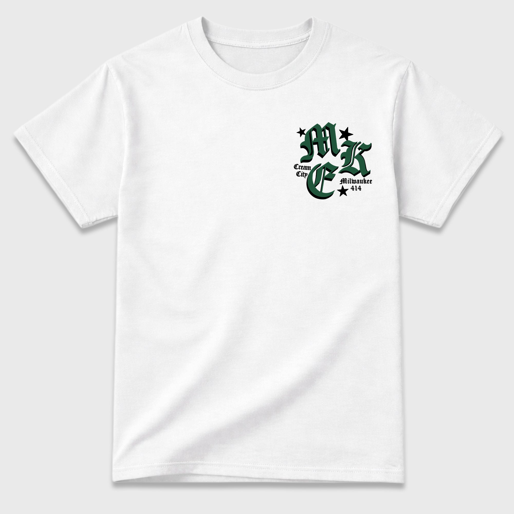 MKE 414 Graphic T-Shirt designed to match the Air Jordan 12 Summit White and Gorge Green sneakers, a sneaker matching shirt for a coordinated sneaker outfit.