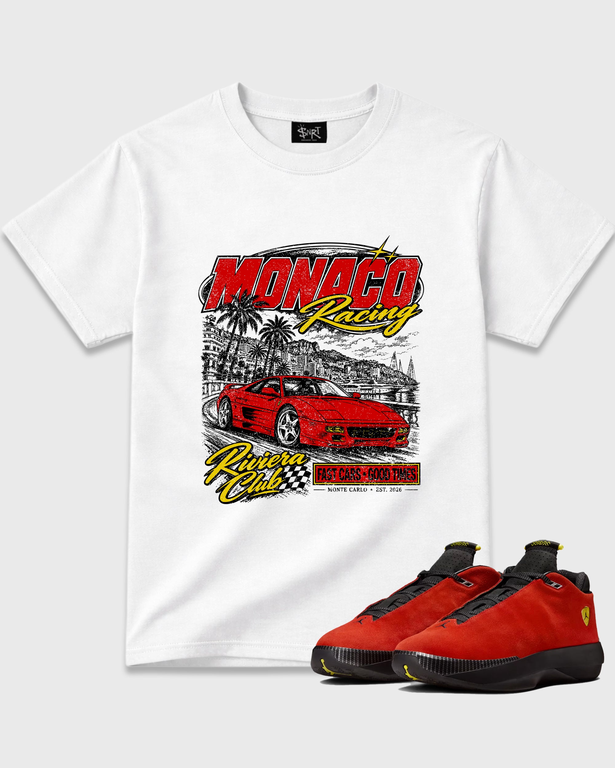 Monaco Racing Graphic T-Shirt featuring original streetwear artwork designed to match the Air Jordan 40 "14" Challenge Red Aka.Ferrari. White 1 Graphic T-Shirt.