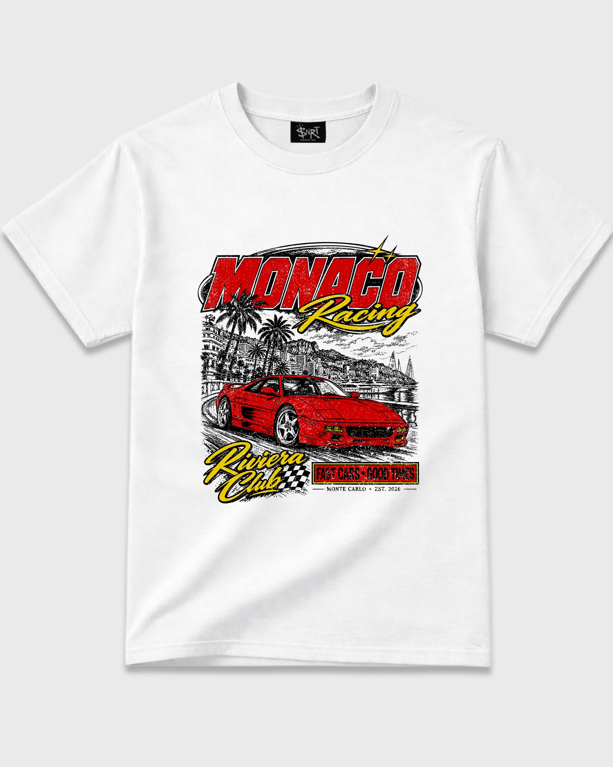 Monaco Racing Graphic T-Shirt featuring original streetwear artwork designed to match the Air Jordan 40 "14" Challenge Red Aka.Ferrari. White 2 Graphic T-Shirt.