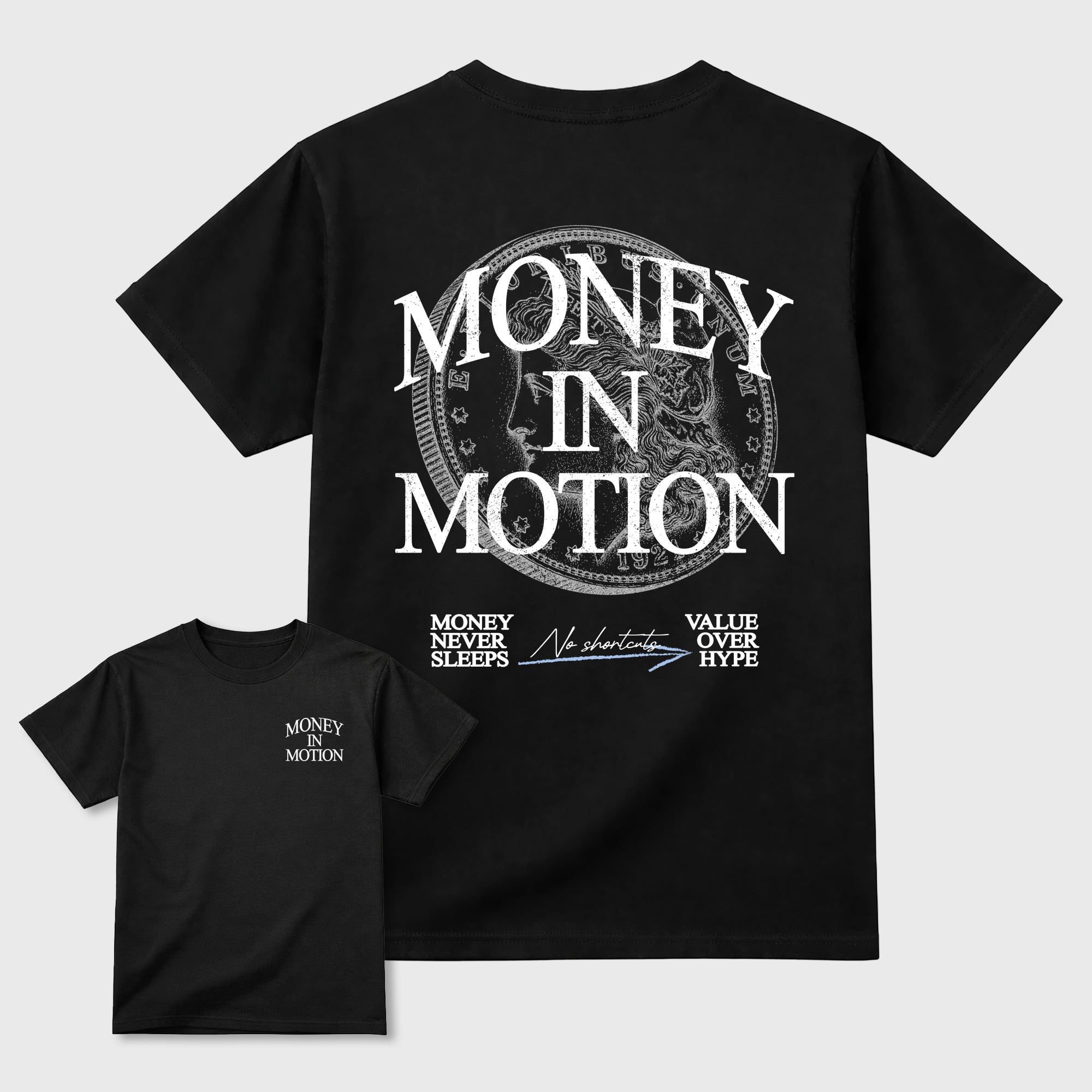 Money In Motion Graphic T-Shirt featuring original streetwear artwork designed to match the . Black Graphic T-Shirt.