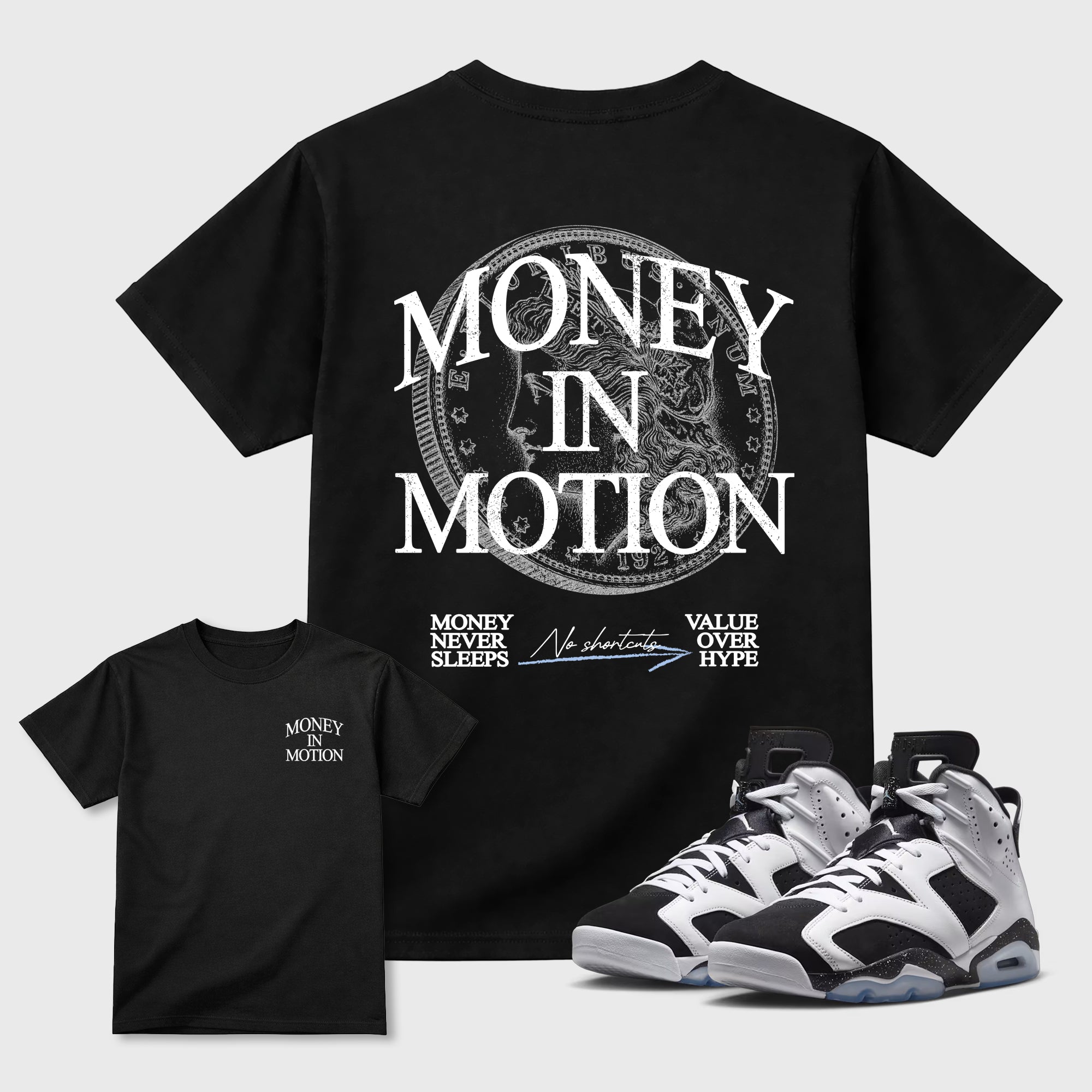 Money In Motion Graphic T-Shirt featuring original streetwear artwork designed to match the . Black Graphic T-Shirt.