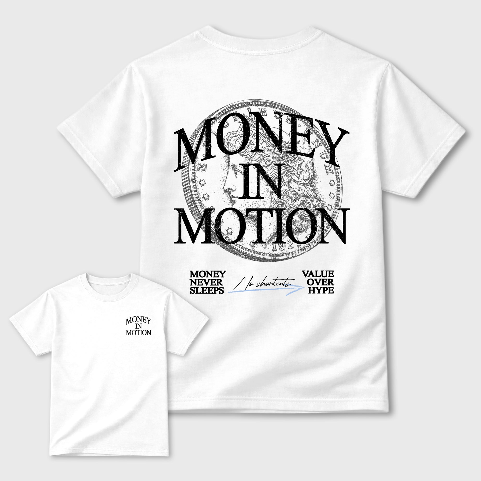 Money In Motion Graphic T-Shirt featuring original streetwear artwork designed to match the Air Jordan 6 Cookie and Cream. White Graphic T-Shirt.
