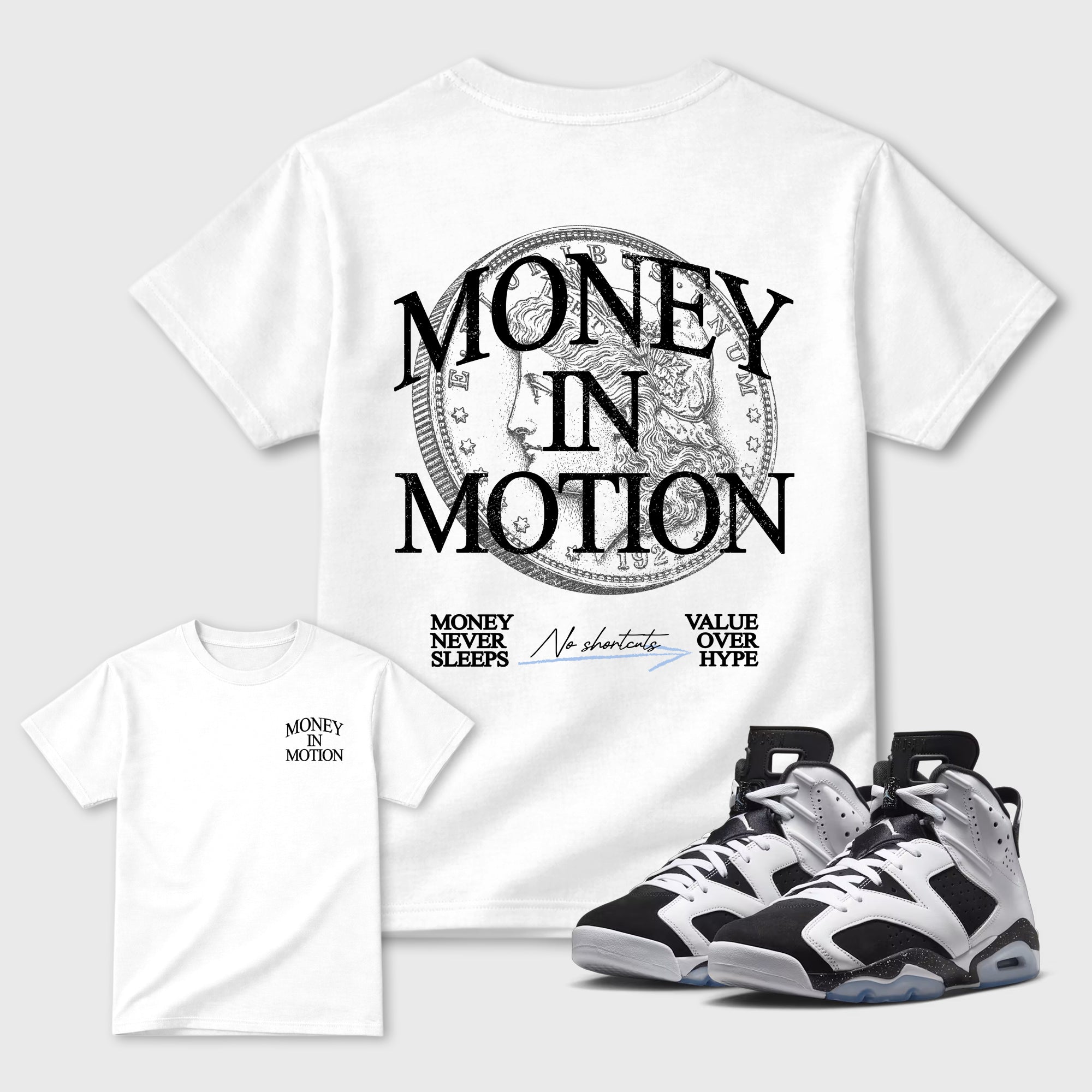 Money In Motion Graphic T-Shirt featuring original streetwear artwork designed to match the . White Graphic T-Shirt.