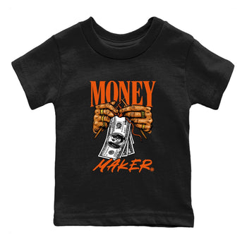 Money Maker baby and kids t-shirt crafted for little sneakerheads to shine with the Air Jordan 1 Shattered Backboard sneakers, displayed in Black 2.