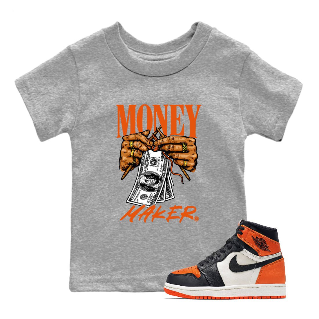 Money Maker baby and kids t-shirt crafted for little sneakerheads to shine with the Air Jordan 1 Shattered Backboard sneakers, displayed in Heather Grey 1.