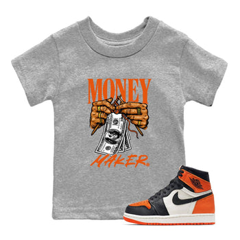 Money Maker baby and kids t-shirt crafted for little sneakerheads to shine with the Air Jordan 1 Shattered Backboard sneakers, displayed in Heather Grey 1.