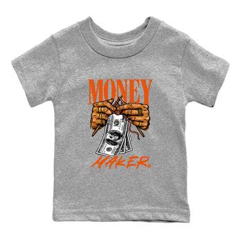 Money Maker baby and kids t-shirt crafted for little sneakerheads to shine with the Air Jordan 1 Shattered Backboard sneakers, displayed in Heather Grey 2.