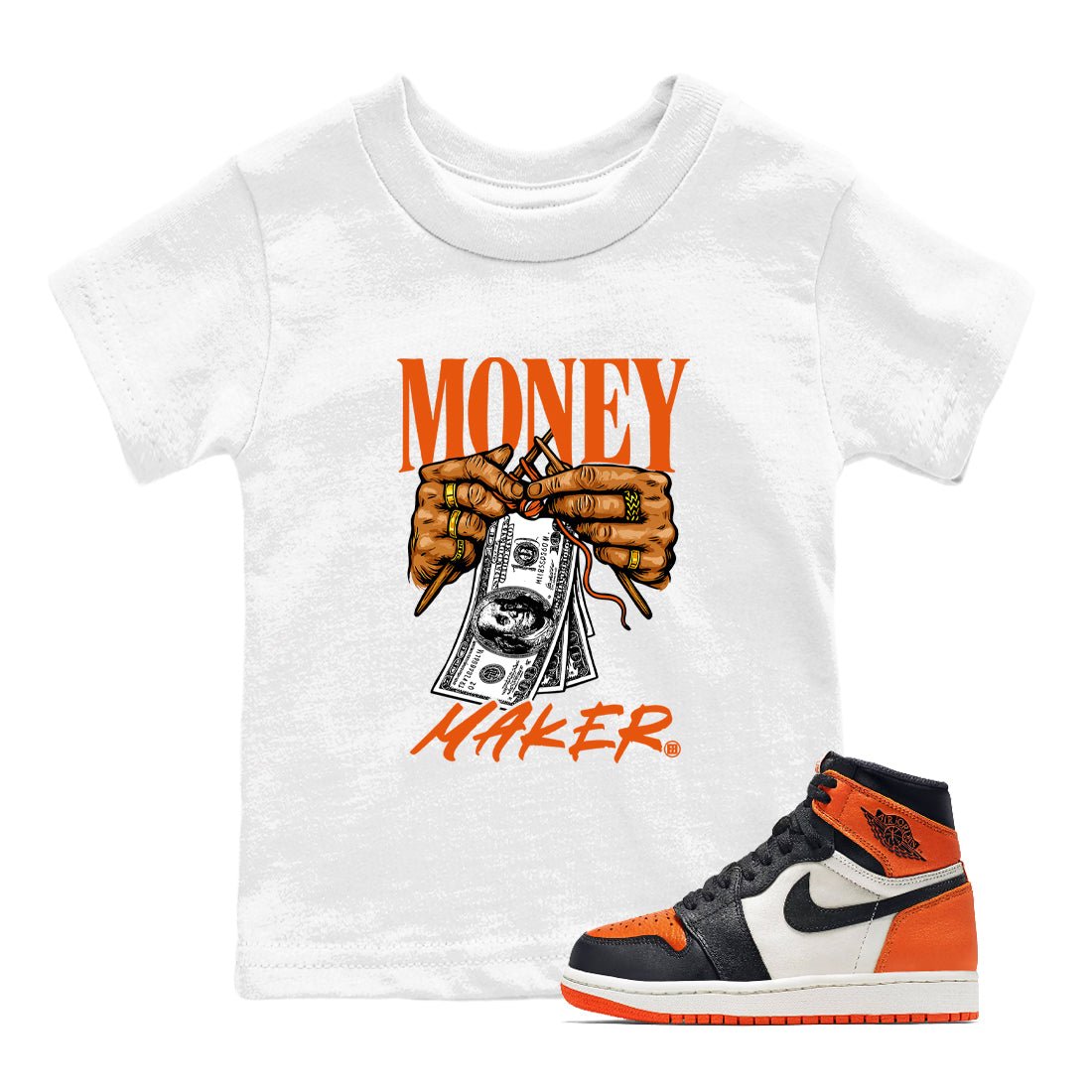 Money Maker baby and kids t-shirt crafted for little sneakerheads to shine with the Air Jordan 1 Shattered Backboard sneakers, displayed in White 1.