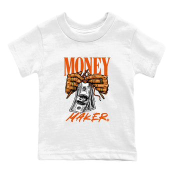 Money Maker baby and kids t-shirt crafted for little sneakerheads to shine with the Air Jordan 1 Shattered Backboard sneakers, displayed in White 2.