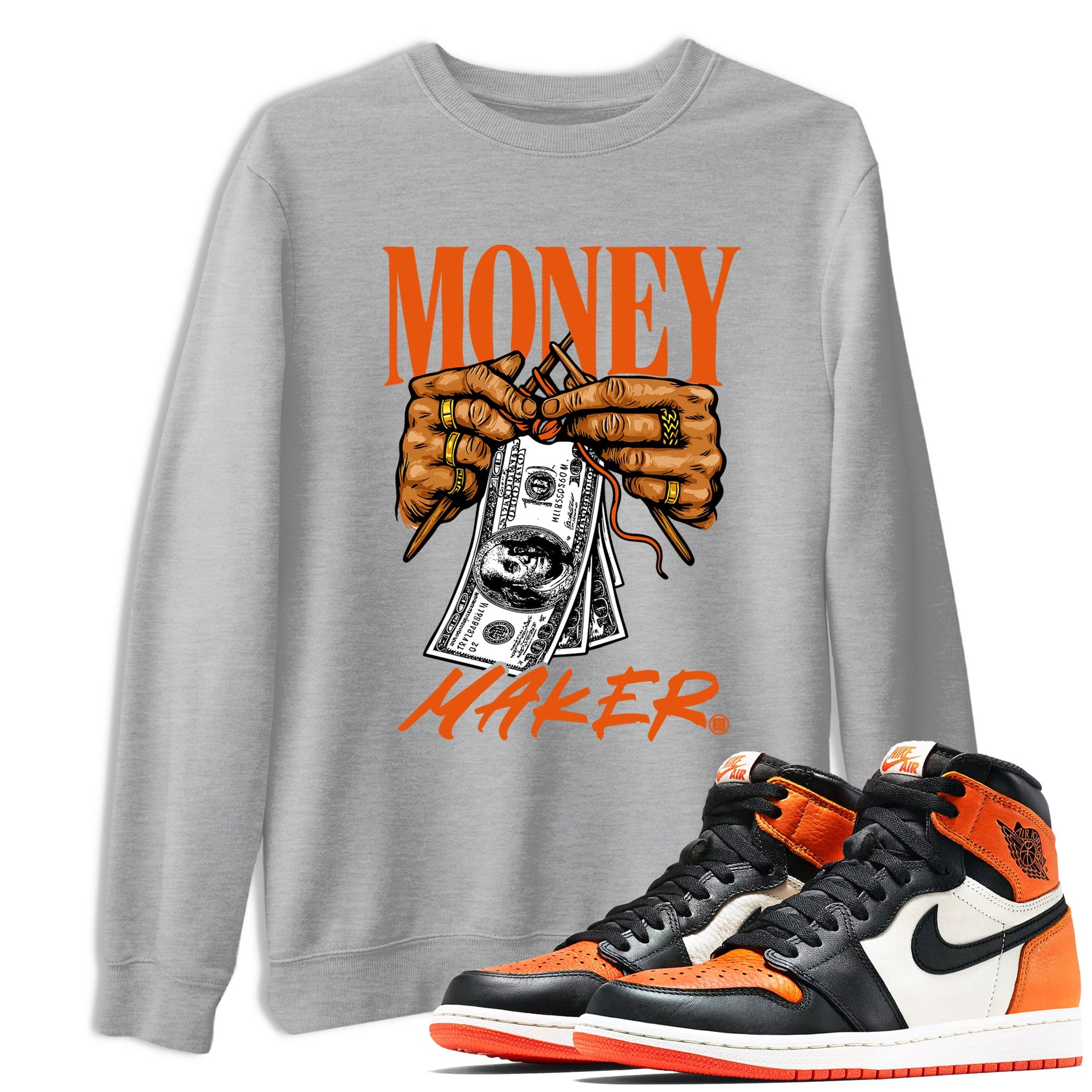 Money Maker sneaker match t-shirt styled to complete your fit with the Air Jordan 1 Shattered Backboard sneakers, shown in Heather Grey 1.
