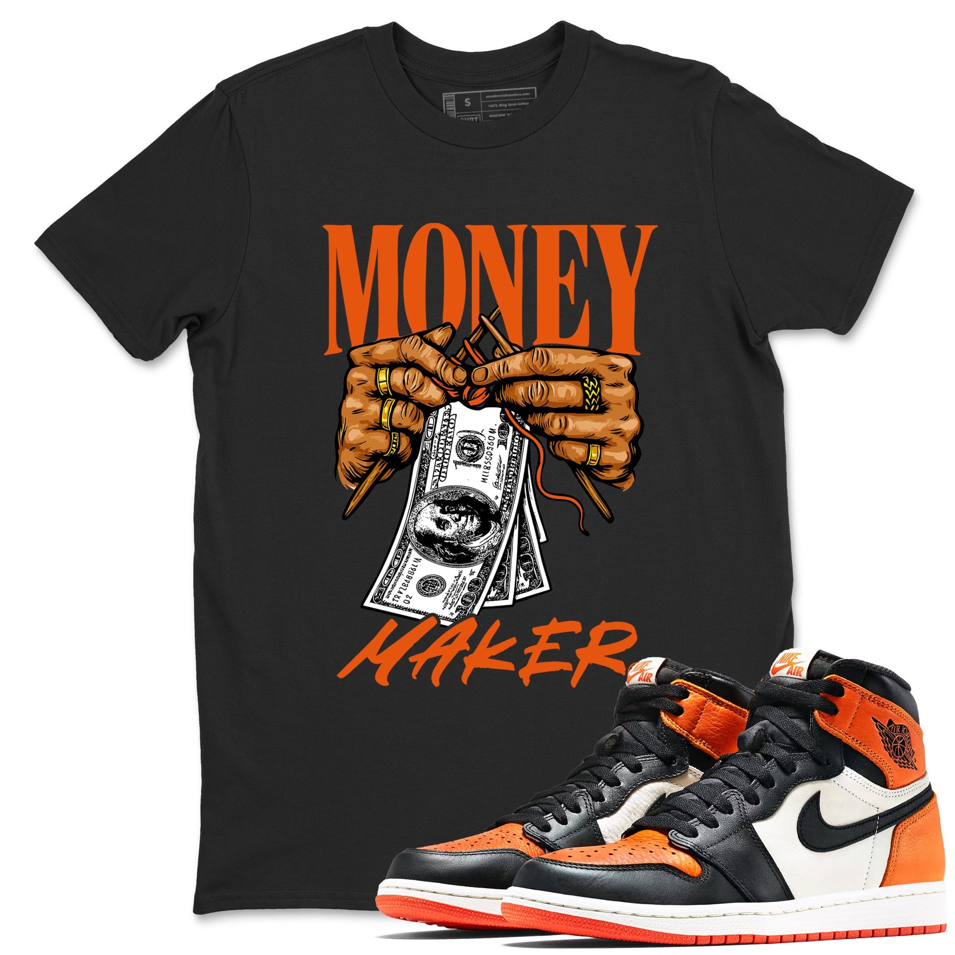 Money Maker sneaker match t-shirt styled to complete your fit with the Air Jordan 1 Shattered Backboard sneakers, shown in Black 1.
