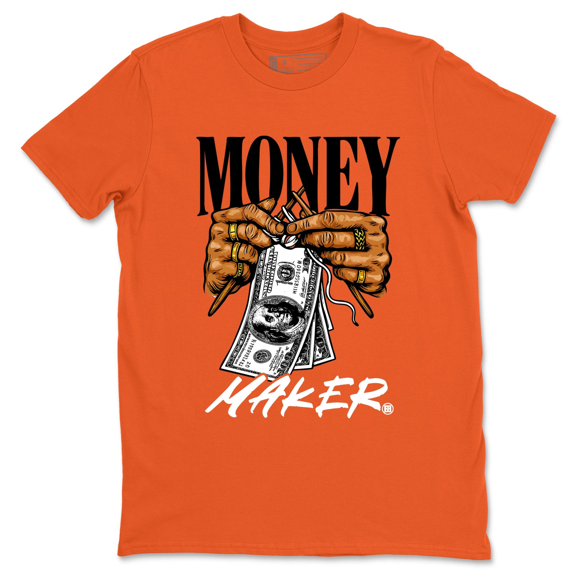 Money Maker sneaker match t-shirt styled to complete your fit with the Air Jordan 1 Shattered Backboard sneakers, shown in Orange 2.
