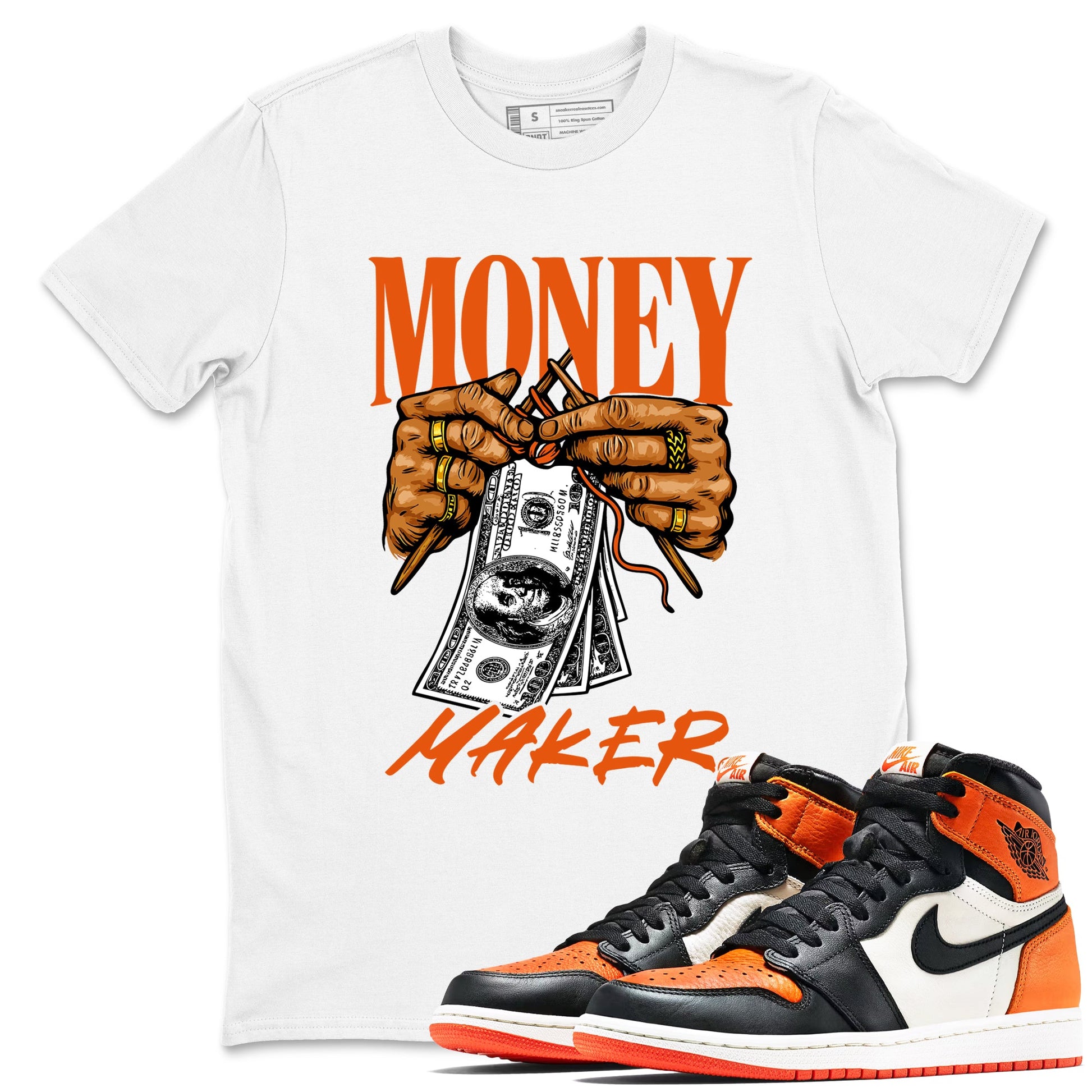 Money Maker sneaker match t-shirt styled to complete your fit with the Air Jordan 1 Shattered Backboard sneakers, shown in White 1.