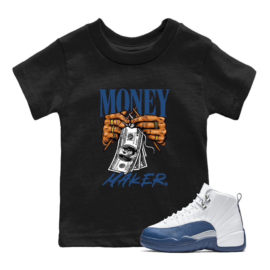 Money Maker baby and kids t-shirt crafted for little sneakerheads to shine with the Air Jordan 12 French Blue sneakers, displayed in Black 1.