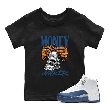 Money Maker baby and kids t-shirt crafted for little sneakerheads to shine with the Air Jordan 12 French Blue sneakers, displayed in Black 1.