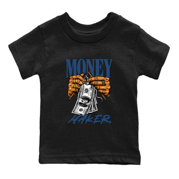 Money Maker baby and kids t-shirt crafted for little sneakerheads to shine with the Air Jordan 12 French Blue sneakers, displayed in Black 2.
