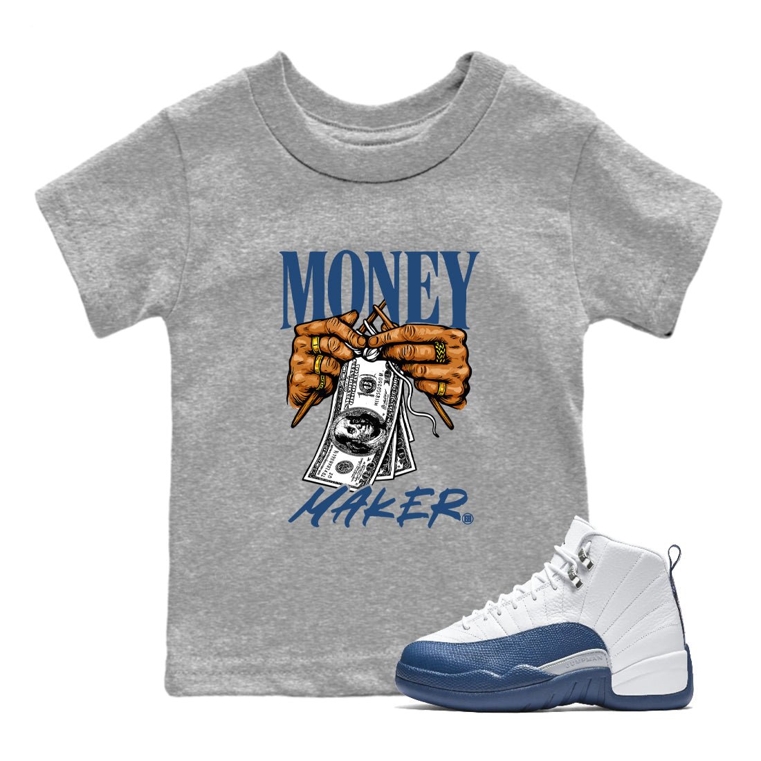 Money Maker baby and kids t-shirt crafted for little sneakerheads to shine with the Air Jordan 12 French Blue sneakers, displayed in Heather Grey 1.