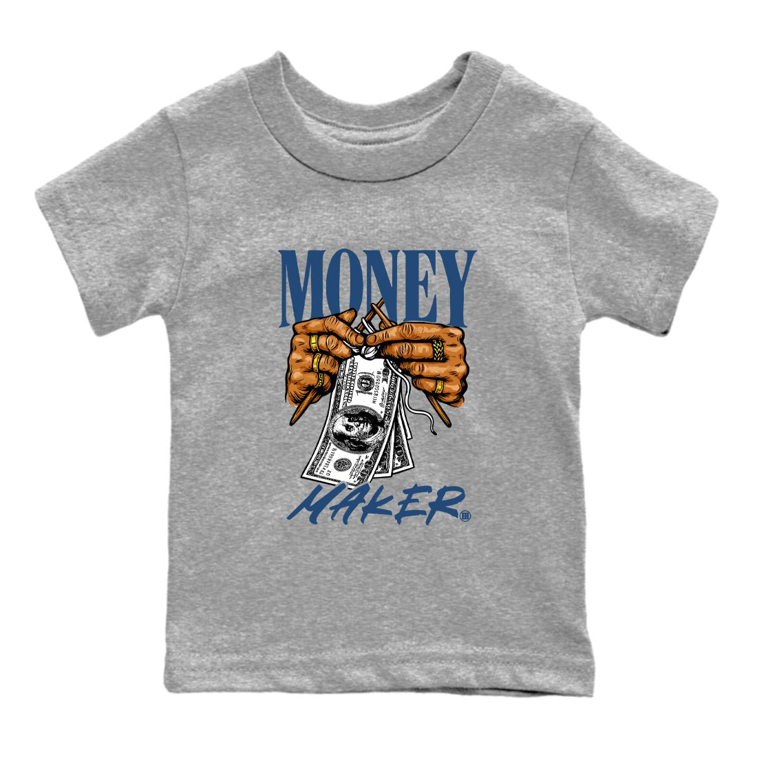 Money Maker baby and kids t-shirt crafted for little sneakerheads to shine with the Air Jordan 12 French Blue sneakers, displayed in Heather Grey 2.
