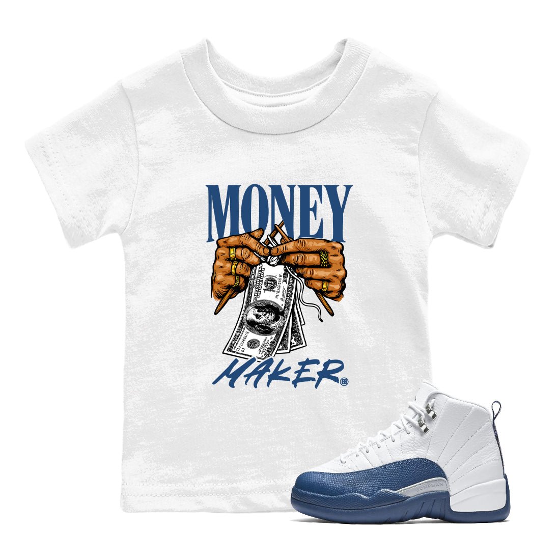 Money Maker baby and kids t-shirt crafted for little sneakerheads to shine with the Air Jordan 12 French Blue sneakers, displayed in White 1.