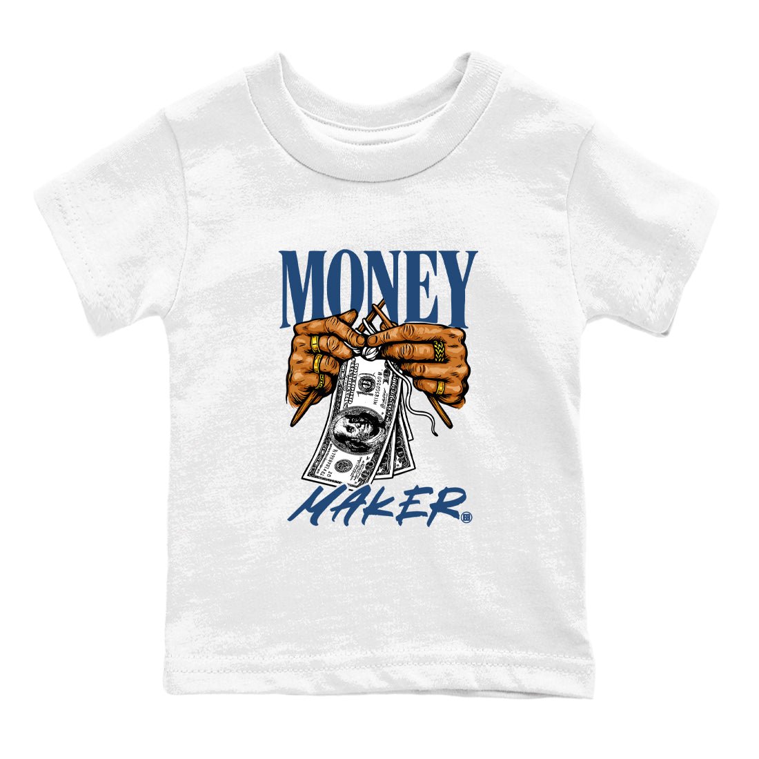 Money Maker baby and kids t-shirt crafted for little sneakerheads to shine with the Air Jordan 12 French Blue sneakers, displayed in White 2.