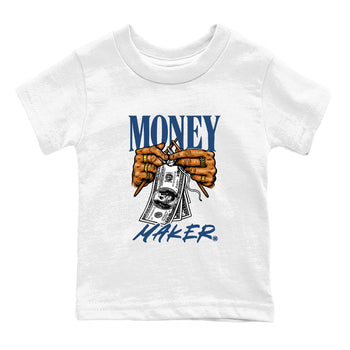 Money Maker baby and kids t-shirt crafted for little sneakerheads to shine with the Air Jordan 12 French Blue sneakers, displayed in White 2.