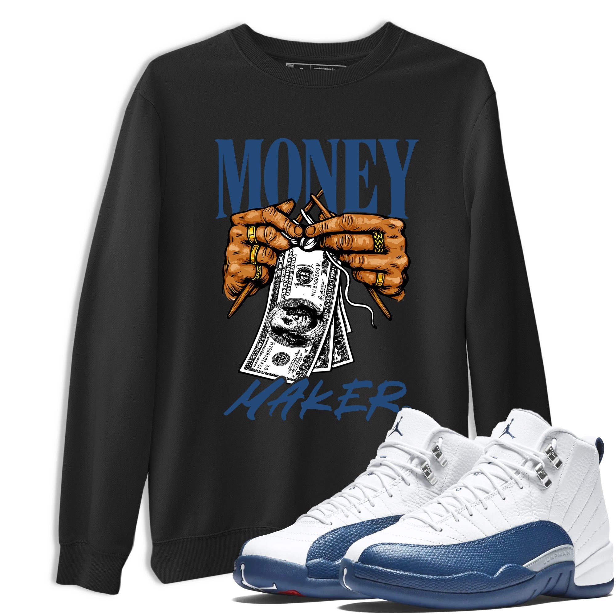 Money Maker sneaker match t-shirt styled to complete your fit with the Air Jordan 12 French Blue sneakers, shown in Black 1.