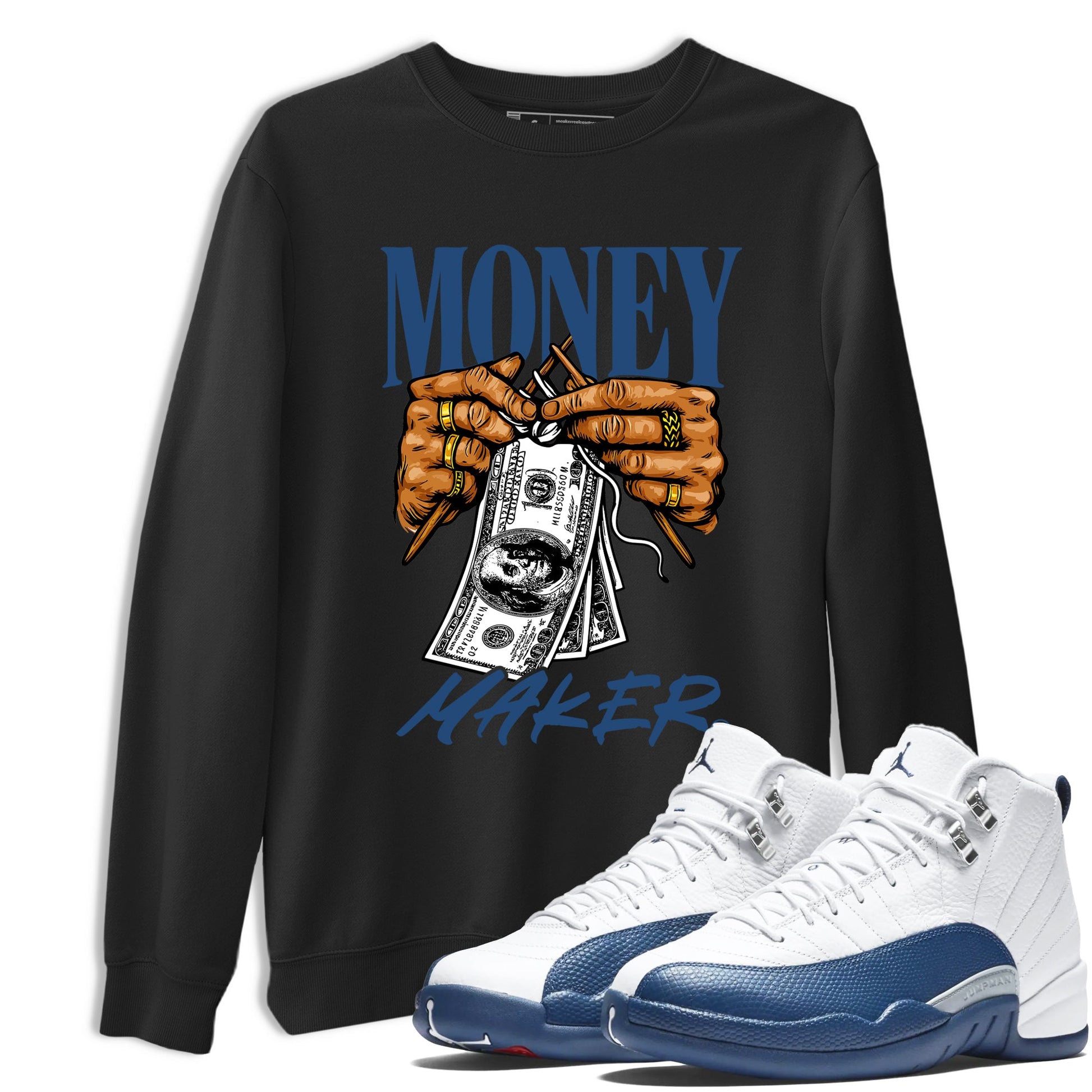 Money Maker sneaker match t-shirt styled to complete your fit with the Air Jordan 12 French Blue sneakers, shown in Black 1.