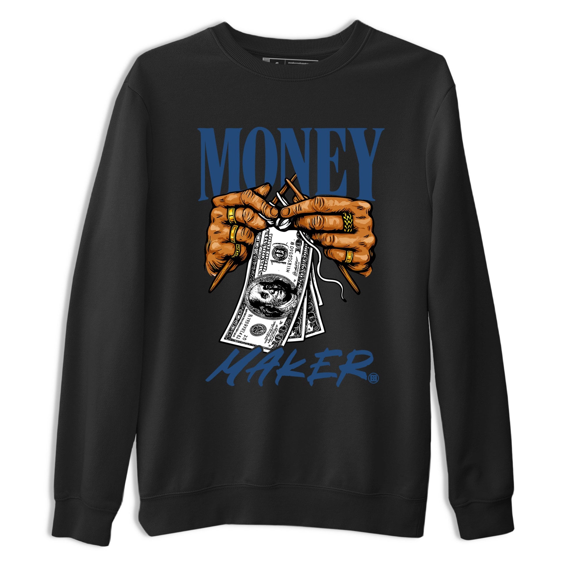 Money Maker sneaker match t-shirt styled to complete your fit with the Air Jordan 12 French Blue sneakers, shown in Black 2.