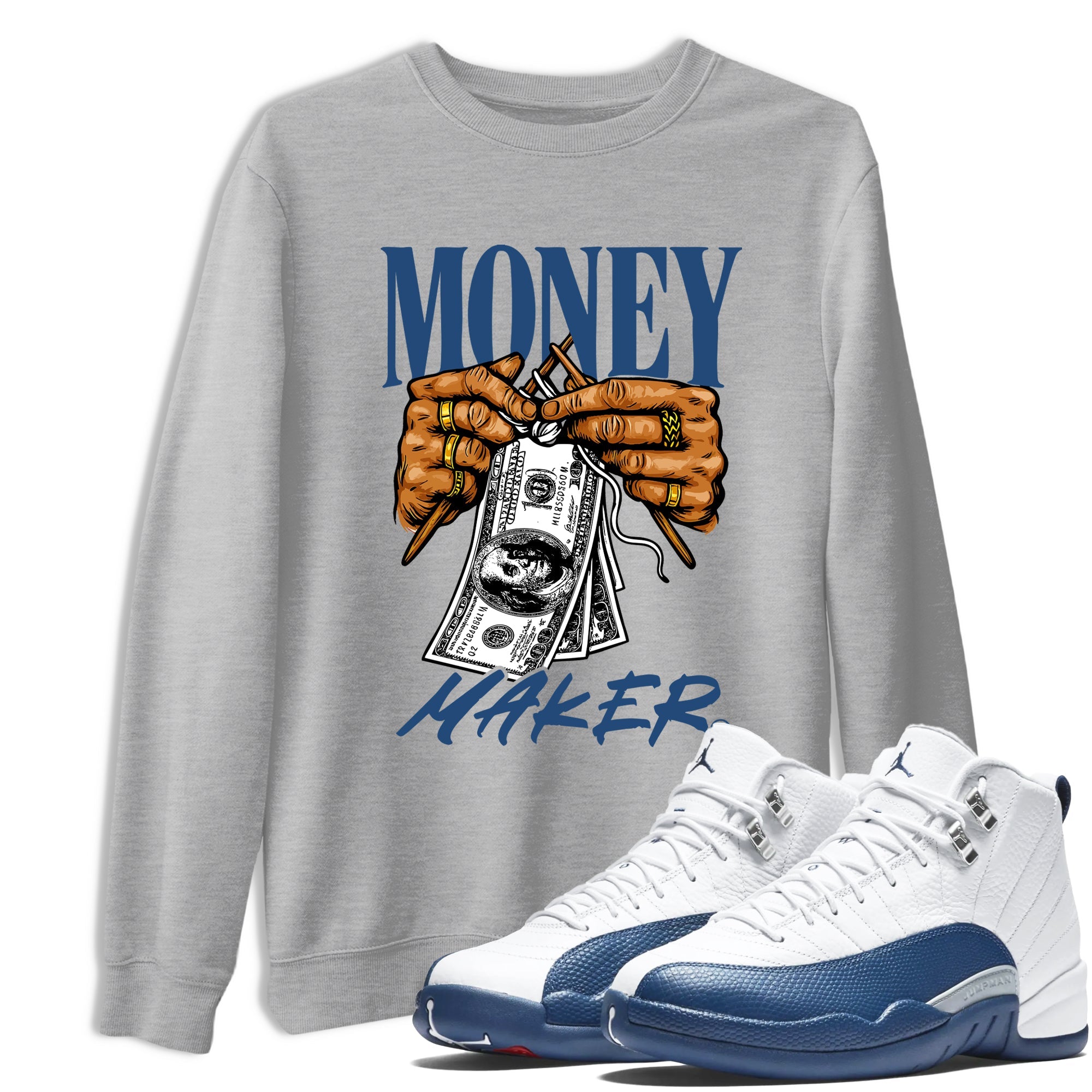 Money Maker sneaker match t-shirt styled to complete your fit with the Air Jordan 12 French Blue sneakers, shown in Heather Grey 1.