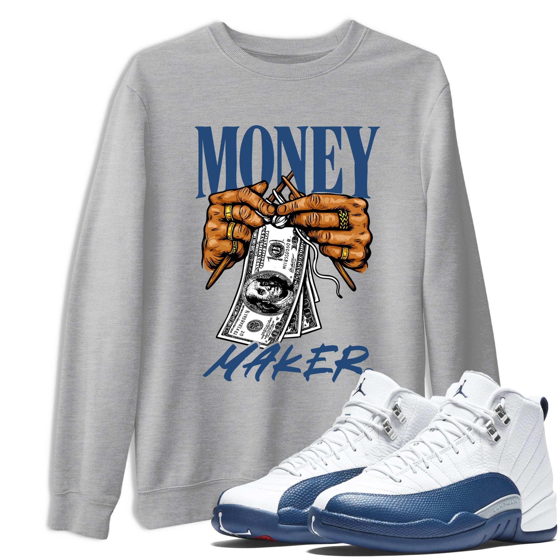 Money Maker sneaker match t-shirt styled to complete your fit with the Air Jordan 12 French Blue sneakers, shown in Heather Grey 1.