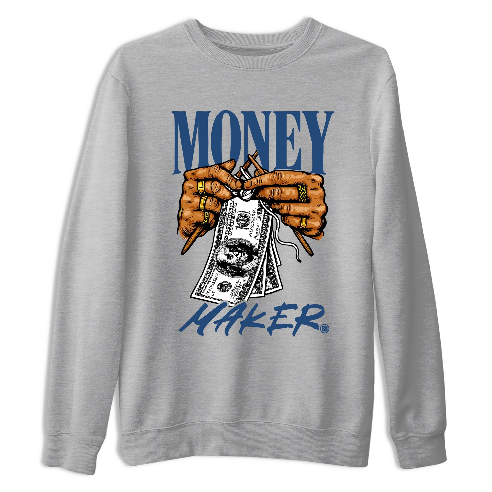 Money Maker sneaker match t-shirt styled to complete your fit with the Air Jordan 12 French Blue sneakers, shown in Heather Grey 2.
