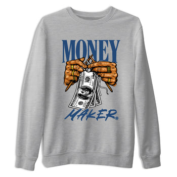 Money Maker sneaker match t-shirt styled to complete your fit with the Air Jordan 12 French Blue sneakers, shown in Heather Grey 2.