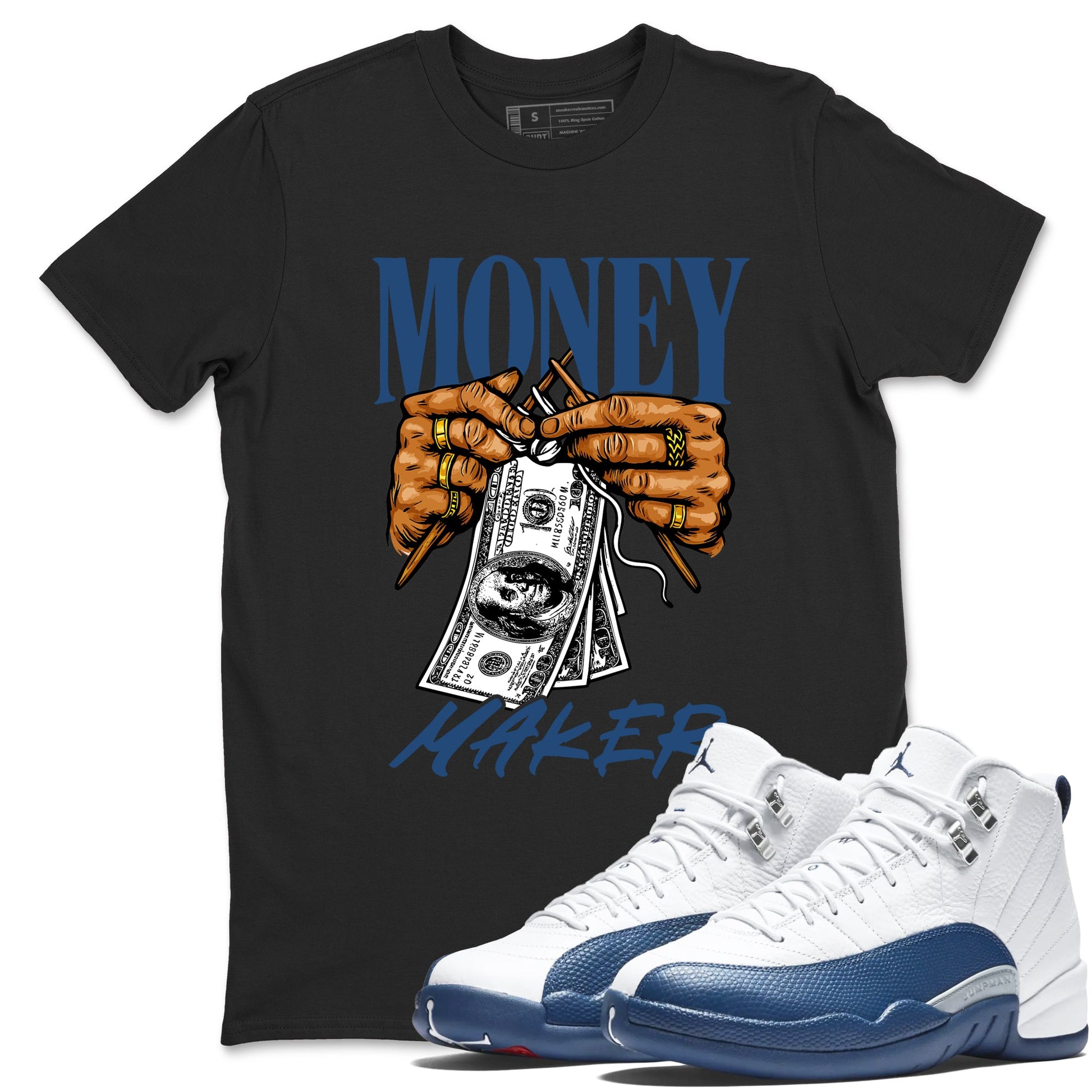 Money Maker sneaker match t-shirt styled to complete your fit with the Air Jordan 12 French Blue sneakers, shown in Black 1.