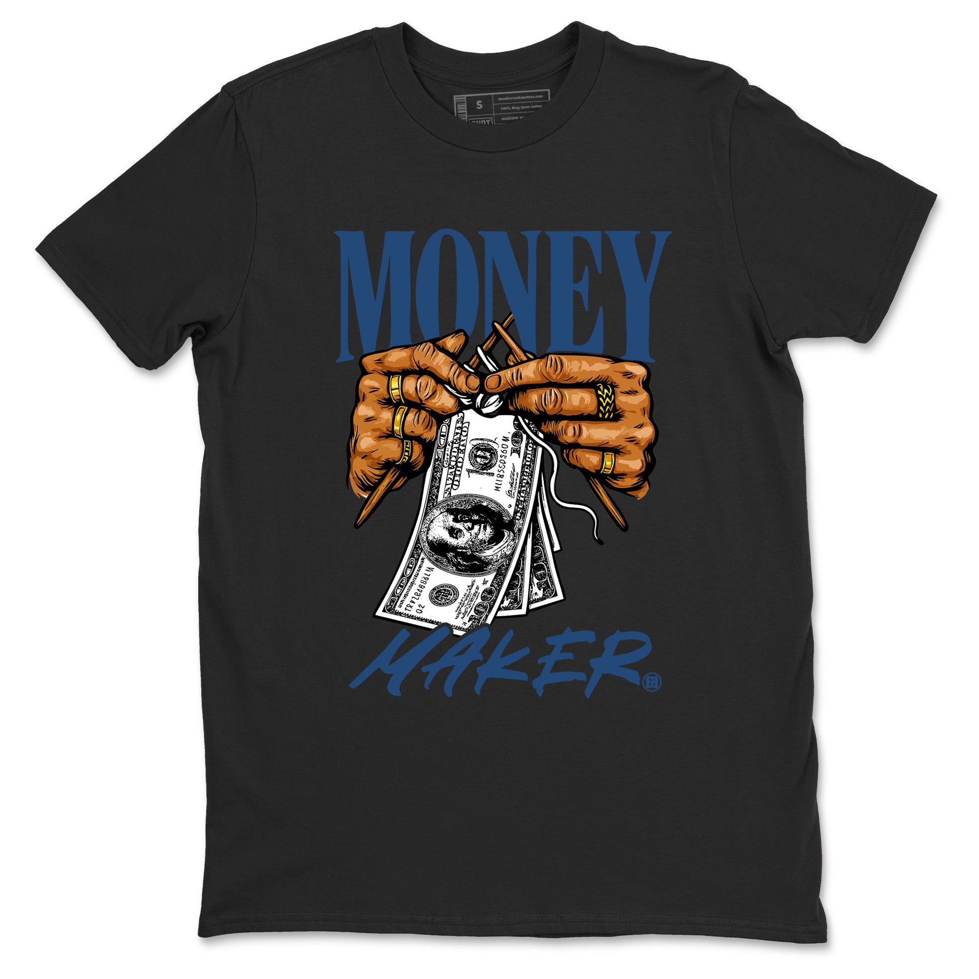 Money Maker sneaker match t-shirt styled to complete your fit with the Air Jordan 12 French Blue sneakers, shown in Black 2.