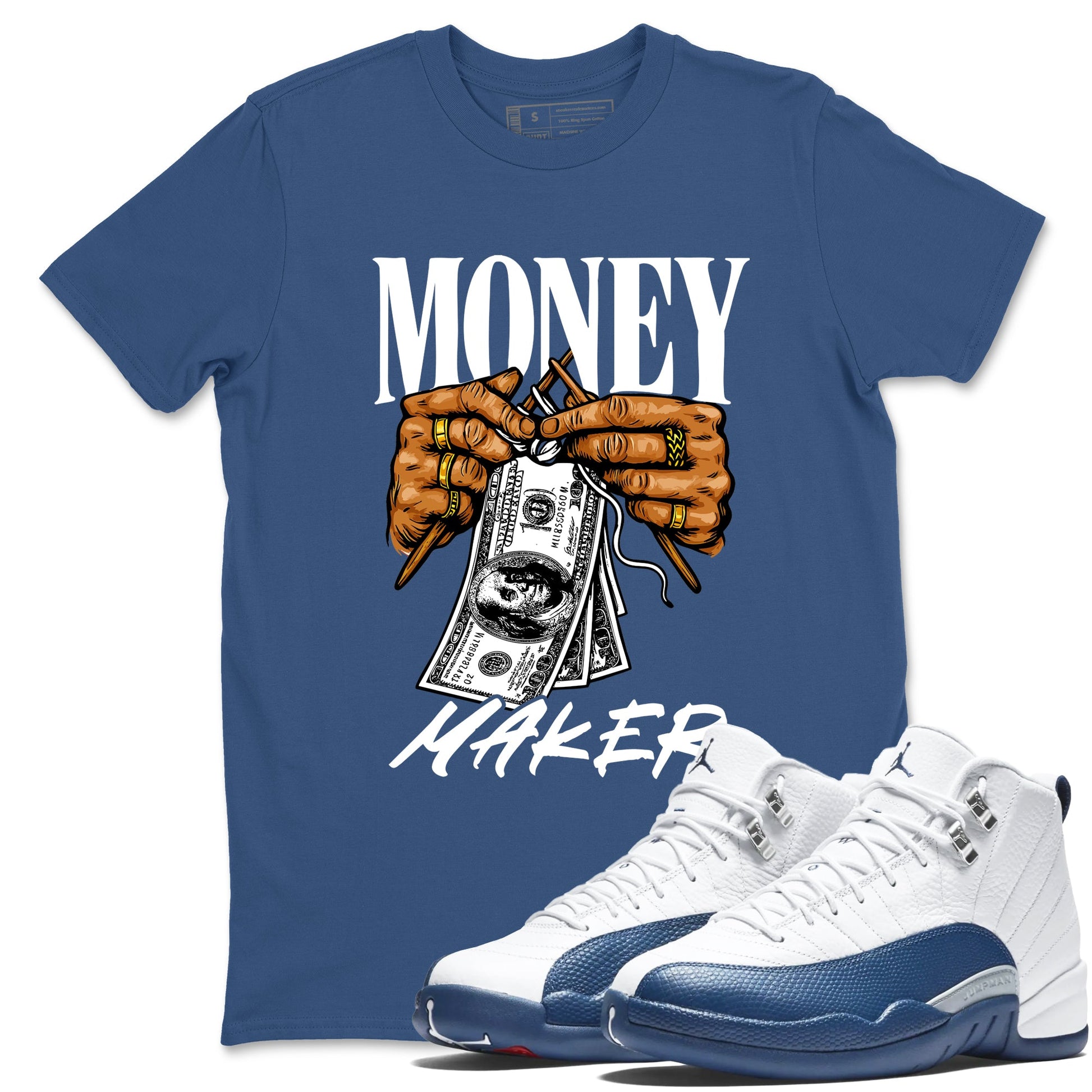 Money Maker sneaker match t-shirt styled to complete your fit with the Air Jordan 12 French Blue sneakers, shown in Denim Blue 1.